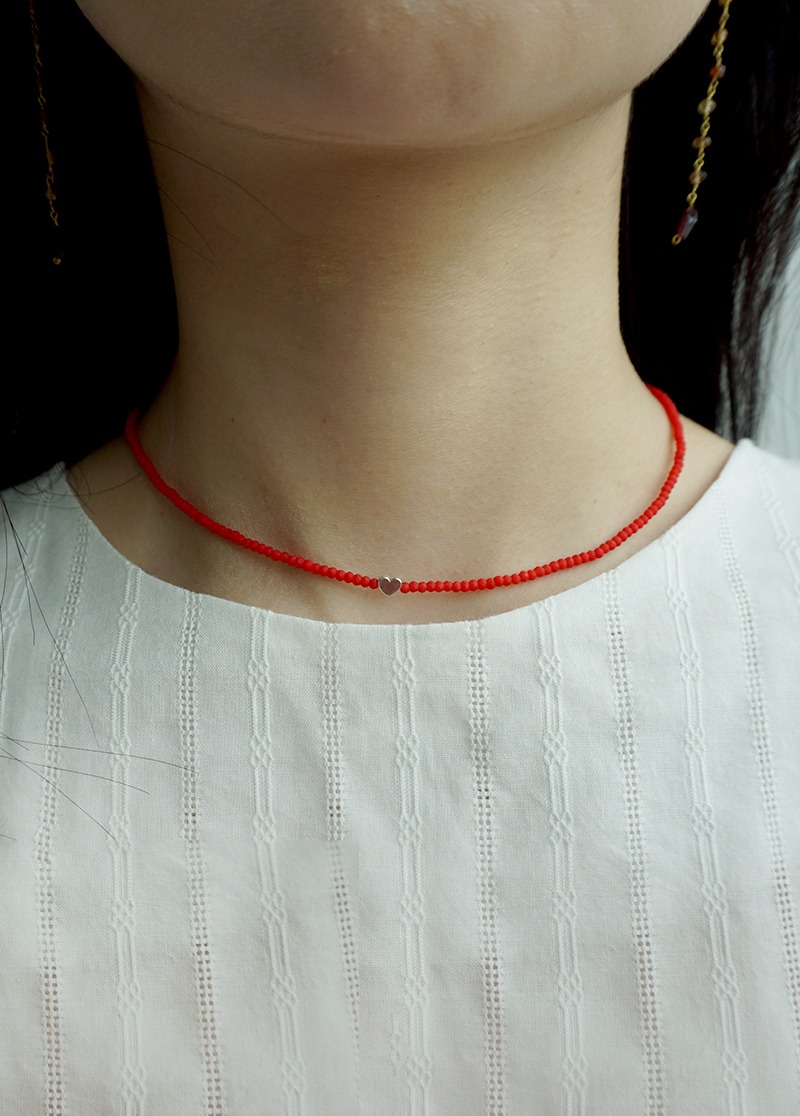 [N593] [silver] red beads heart necklace / 미니멀 목걸이 시선
